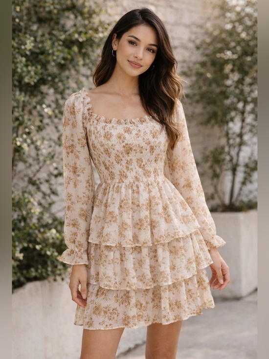 She + Sky Dresses & Skirts - She + Sky Smocked Floral Long Sleeve Tiered Dress Size Small